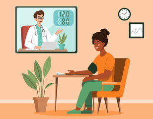 Illustration of dark skinned woman checking her blood pressure at home while consulting a doctor online. Doctor appears on screen, guiding the process, representing telehealth and remote medical care.