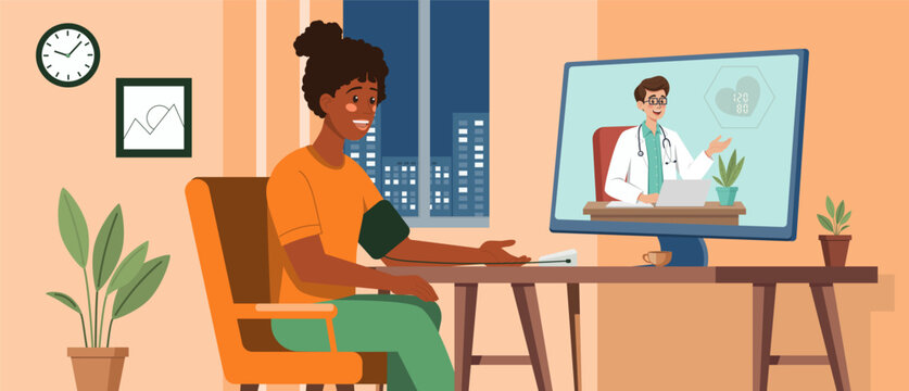 Illustration of dark skinned woman checking her blood pressure at home while consulting a doctor online. Doctor appears on screen, guiding the process, representing telehealth and remote medical care.