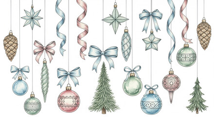 Hand-painted watercolor clipart of hanging Christmas ornaments including stars, ribbons, pine cones, bows, glass baubles, and tiny trees