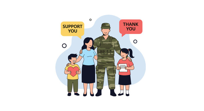 A soldier in camouflage uniform is reunited with his happy family?a wife, son, and daughter?who express their support and thanks. - Powered by Adobe
