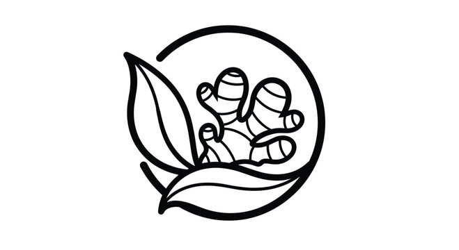 A simple black and white line art icon shows a ginger root with two leaves, enclosed in a circle for a clean, natural logo.