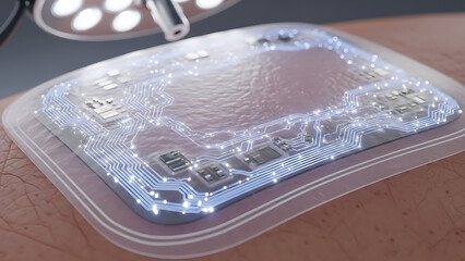 Futuristic wearable medical sensor patch on human skin with glowing circuits
