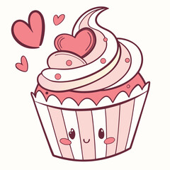 A sweet vector illustration of a pink birthday cupcake with a heart and cherry cream topping for a delicious celebration card