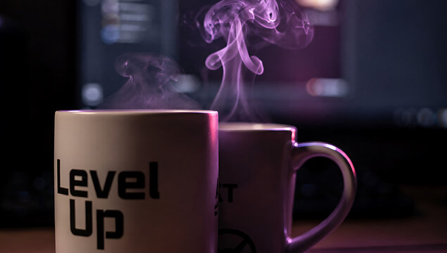 Cozy gaming setup christmas two white coffee mugs with level up text and steam rising