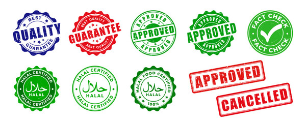 Approved, Best quality guarantee, Fact check, Halal certified stamp design set. Rubber, seal, vintage effect, badge, pure, textured, design collection. Vector illustration with transparent background