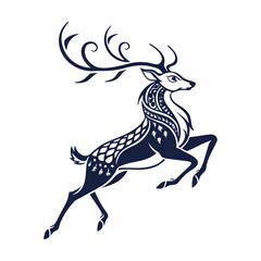 Black and white vector illustration of a wild deer silhouette with antlers, a cartoon horse, and a Christmas reindeer mammal