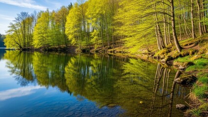 Peaceful Forest Lake with Green Trees and Reflection