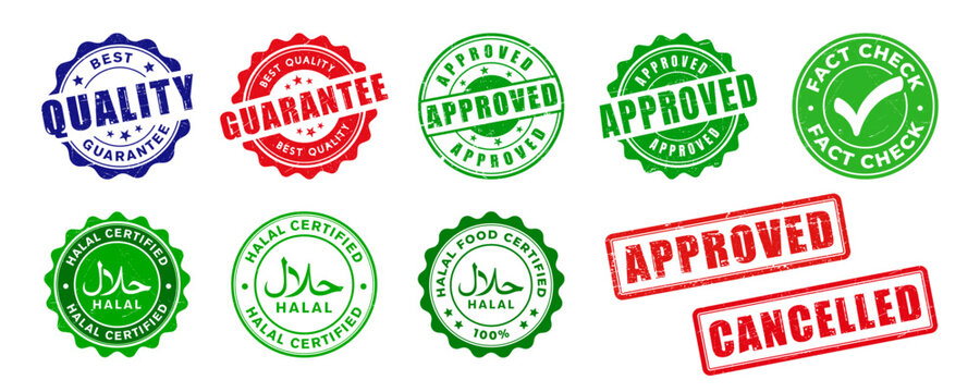 Approved, Best quality guarantee, Fact check, Halal certified stamp design set. Rubber, seal, vintage effect, badge, pure, textured, design collection. Vector illustration with transparent background