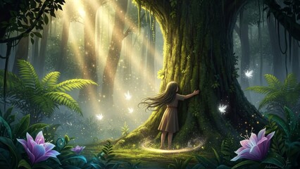 Glowing Magical Tree in Enchanted Forest Fantasy Scene