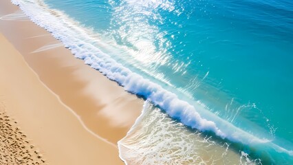 Obraz premium Aerial View of Turquoise Ocean Wave Crashing onto Golden Sand Beach with Sparkling Sun Glare and Footprints