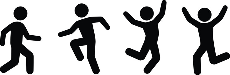 Four distinct black stick figures portraying various energetic human actions like walking, kicking, and high jumps