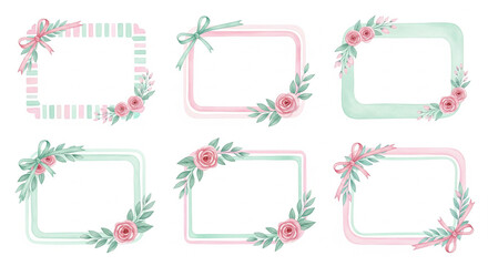 Watercolor decorative frame set with pastel borders, soft stripes, cute ribbon corners, and delicate floral accents