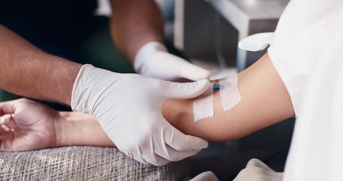 Fluid, hands and wellness with people in drip lounge for arm preparation, benefits or recovery. Healthcare, iv or medical infusion with customer and nurse in clinic for mineral or vitamin solution