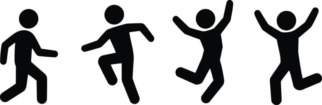Four distinct black stick figures portraying various energetic human actions like walking, kicking, and high jumps