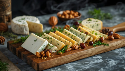 A wooden board with a variety of cheeses and nuts on it