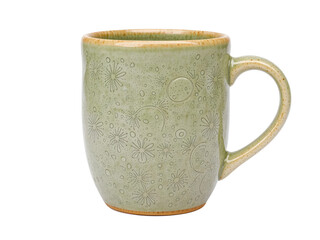 A green coffee mug with a design of stars and circles