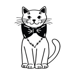 Cartoon vector illustration of a cute black domestic kitten with a big smile, a bow, and a funny sitting pose, perfect for pet-themed designs