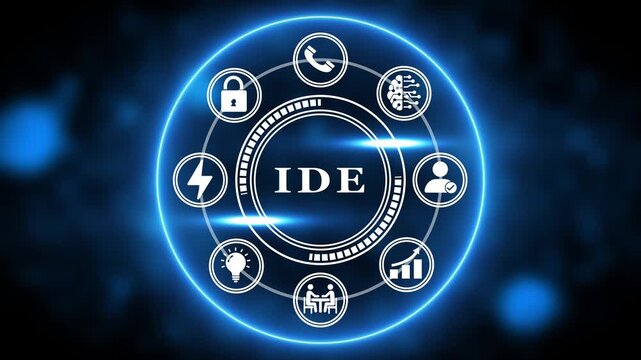 Central IDE with Technology Icons and Glowing Blue Circle on Dark Background Keywords: IDE, integrated development environment, technology, network, connection, communication, data, security