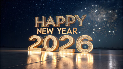 American flag waving on a waterfront promenade at night with happy new year 2026 text and city lights reflecting on wet pavement