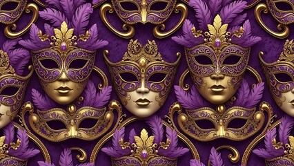 Fototapeta premium Elegant Venetian Masks Pattern with Gold and Purple