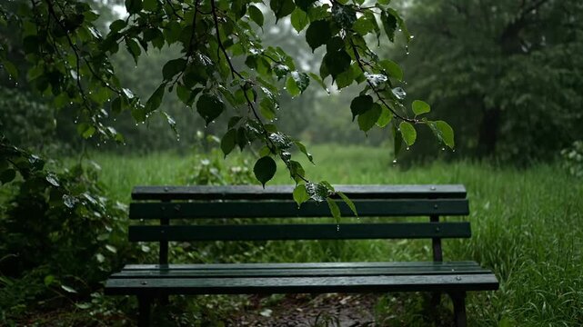 Empty green park bench under tree branches in rainy weather, peaceful scene.