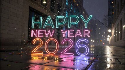 Vibrant happy new year 2026 neon sign reflecting on a wet city street at night