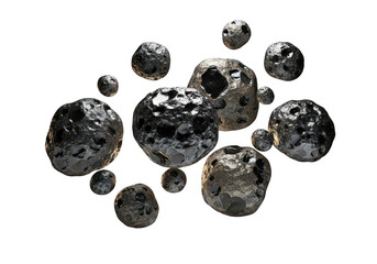 Abstract cluster of metallic spheres with textured surfaces against a black background