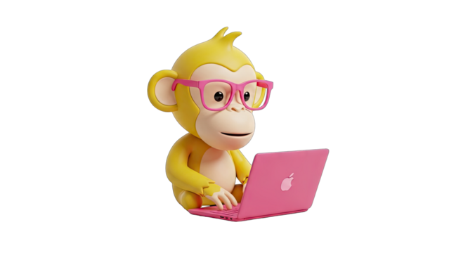 Yellow Cartoon Monkey Wearing Pink Glasses Typing On Pink Laptop With Transparent Background - Powered by Adobe