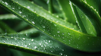 Close-up of vibrant green aloe vera plant leaves covered in fresh water droplets after rain. A detailed view of succulent aloe vera plant leaves glistening with water drops. a lush green environment.