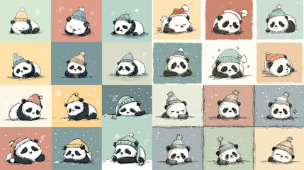 Obraz premium Cute winter panda illustrations showing adorable pandas resting, leaning, and cuddling in cozy hats and soft pastel backgrounds. Charming nursery art for kids and playful seasonal decor.