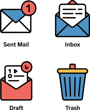 Comprehensive Email Management Icon Set: Vector Collection featuring Inbox, Sent Mail Notification, Draft Message, and Trash Bin Symbols for Modern UI/App Design Interfaces.