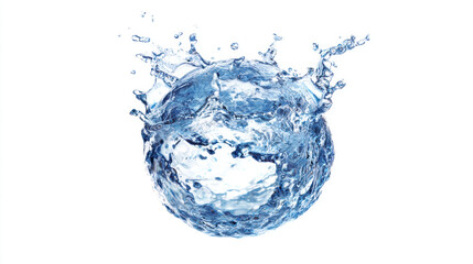 Dynamic splash of clear blue water forming a spherical shape against a white background. A frozen moment captures the energetic motion of liquid water coalescing into a round form with dynamic splash