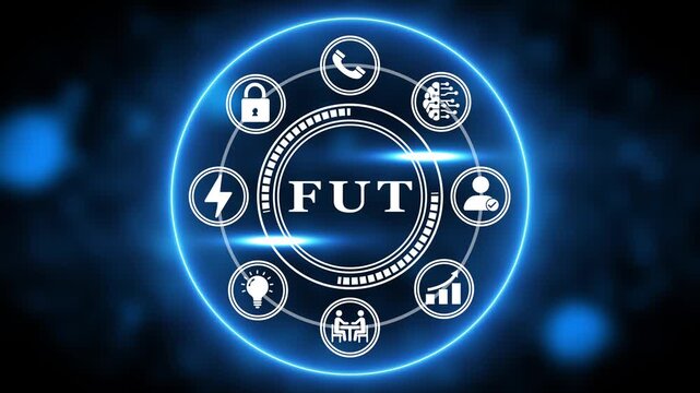 Central FUT with Technology Icons and Glowing Blue Circle on Dark Background Keywords: FUT, future, technology, network, connection, communication, data, security, innovation, energy, idea