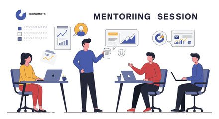 Fototapeta premium Illustration of a mentoring session with people discussing data and working on laptops