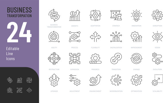 Business Transformation Line Editable Icons set. Vector illustration in modern thin style of business development related icons: innovation, strategy, optimization, and more. 