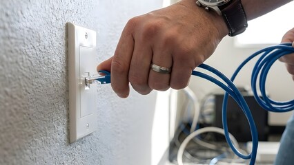 Close-up of Hand Plugging in Electrical Cord.