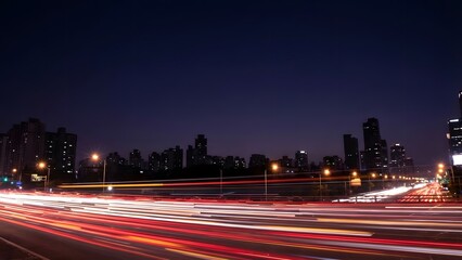 Night Cityscape with Light Trails and Skyscrapers.
