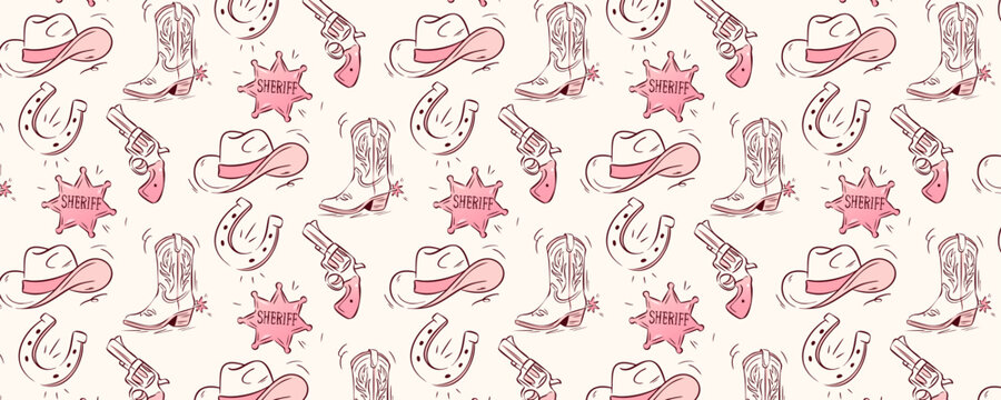A pink seamless western pattern with cowgirl and cowboy elements like boots, hats, and horseshoes in doodle vector style. This playful cowgirl pattern is great for wallpapers, prints or retro decor.