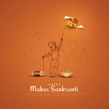 Makar Sankranti Poster design with child flying kite and cityscape in line art. Makar Sankranti is a Hindu harvest festival celebrated across India. Creative vector illustration.