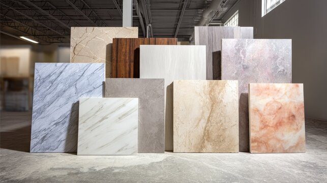 Assortment of large format stone and wood look surfacing panels displayed in an industrial setting