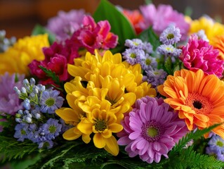 Closeup of a colorful bouquet showcasing various flowers yellow chrysanthemums pink alstroemeria orange gerbera daisies and purple aster