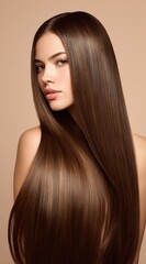 A stunning woman with long, smooth, and silky brown hair, against a neutral-toned background.