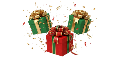 Three festive gift boxes with gold ribbons and confetti celebrating holidays and special occasions isolated on a white background