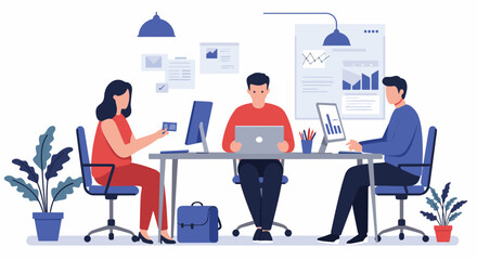 Obraz premium Diverse team of professionals collaborating at a modern office desk with computers and data analysis