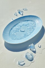 A light blue plate filled with crushed ice and ice cubes scattered around on a white surface.