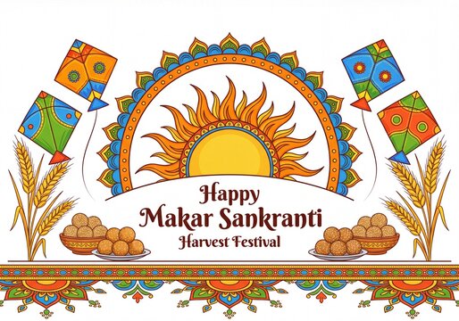 Makar Sankranti harvest festival illustration with rising sun, kites, sweets and traditional Indian decorations