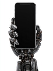 Futuristic tech presentation featuring a robotic hand holding a modern smartphone on white background.
