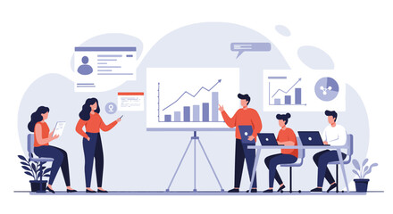 Diverse team members collaborating in a meeting with data analysis and presentations