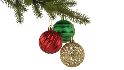 Festive Christmas ornaments red green and gold baubles hanging from a pine branch isolated on white background for holiday decoration