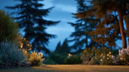 Captivating twilight landscape featuring lush greenery, illuminated foliage, and serene atmosphere.